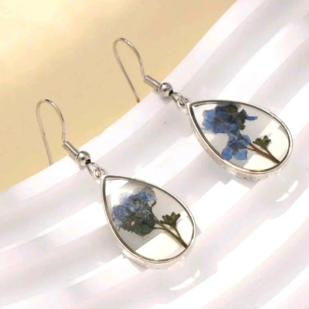 Pressed blue dangling earrings floral design silver chain clear new cottage core
